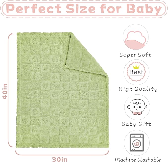 Fleece Baby Blanket Heart Checkered Blanket, Ultra Soft Cozy Baby Blankets for Boys Girls, Fluffy Infant Toddler Newborn Receiving Blankets for Crib Stroller 30”×40” (Green)