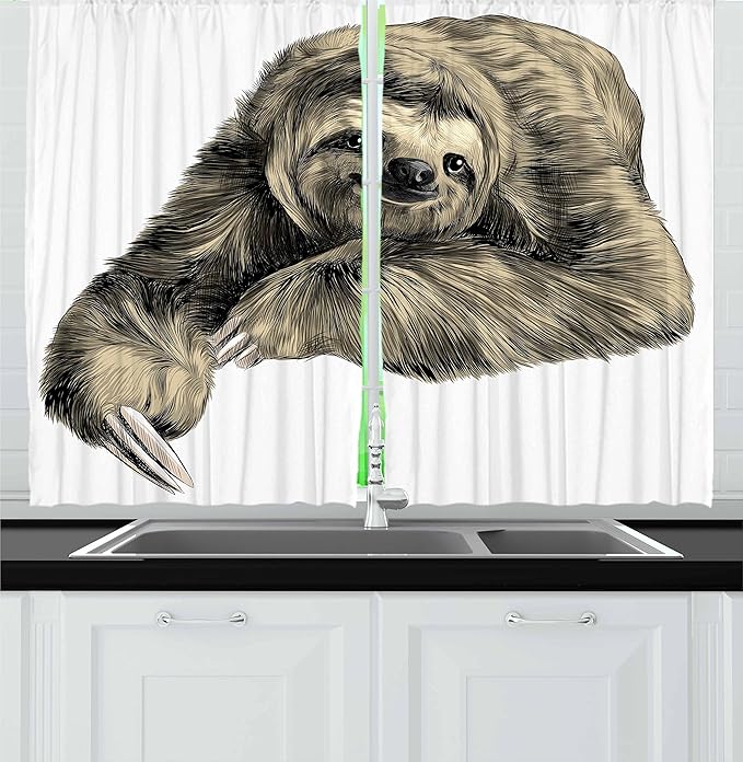 Ambesonne Sloth Kitchen Curtains, Sweetly Smiling Jungle Animals Lying Down with Crossed Legs Tropic Fauna Sketch, Window Drapes 2 Panel Set for Kitchen Cafe Decor, 55" x 30", Black Ivory