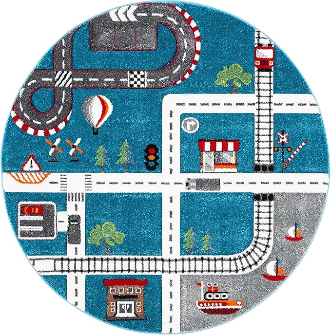 SAFAVIEH Carousel Kids Collection 4' Round Turquoise/Ivory CRK192K Neighborhood Road Non-Shedding Playroom Nursery Bedroom Area Rug