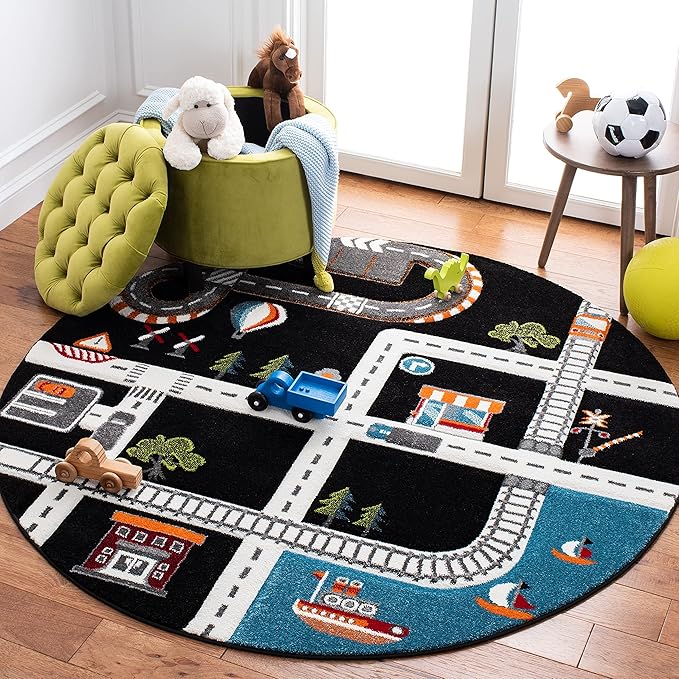 SAFAVIEH Carousel Kids Collection Area Rug - 6'7" Round, Black & Ivory, Non-Shedding & Easy Care, Ideal for High Traffic Areas for Boys & Girls in Playroom, Nursery, Bedroom (CRK192Z)