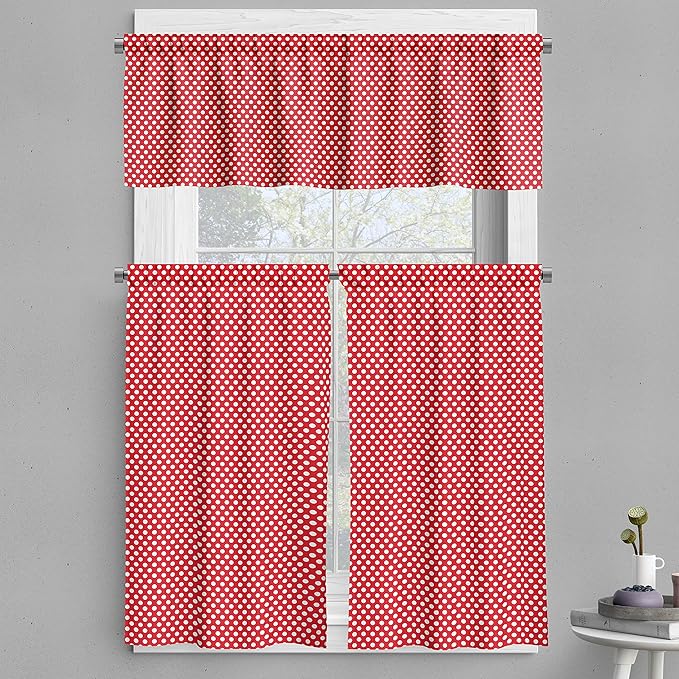 Ambesonne Retro Valance & Tier Curtain 3 pcs Set, 50s 60s Iconic Pop Art Style Big White Polka Dots Picnic Vintage Old Theme Image, Window Treatments for Kitchen Room Decor, 55" x 30", Vermilion White