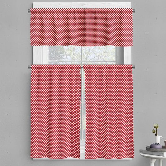 Ambesonne Retro Valance & Tier Curtain 3 pcs Set, 50s 60s Iconic Pop Art Style Big White Polka Dots Picnic Vintage Old Theme Image, Window Treatments for Kitchen Room Decor, 55" x 24", Vermilion White