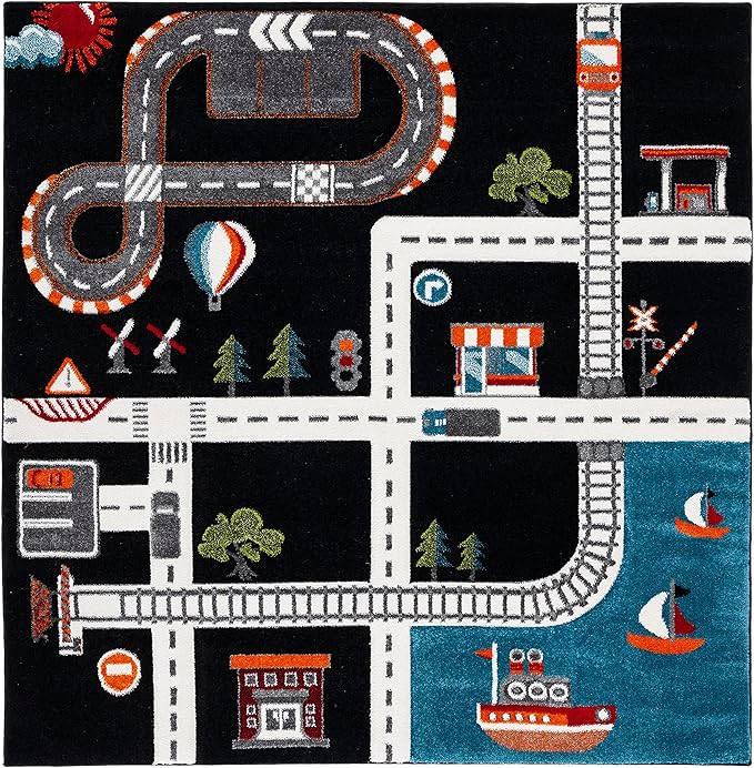 SAFAVIEH Carousel Kids Collection Area Rug - 3' Square, Black & Ivory, Non-Shedding & Easy Care, Ideal for High Traffic Areas for Boys & Girls in Playroom, Nursery, Bedroom (CRK192Z)