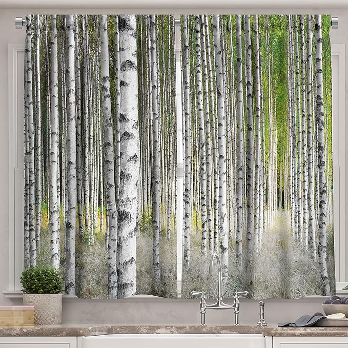 Ambesonne Birch Tree Kitchen Curtains, Peaceful Late Summer Woodland Trunks Leaves Foliage Serene Tranquil, Window Drapes 2 Panel Set for Kitchen Cafe Decor, 55" x 39", Grey Green