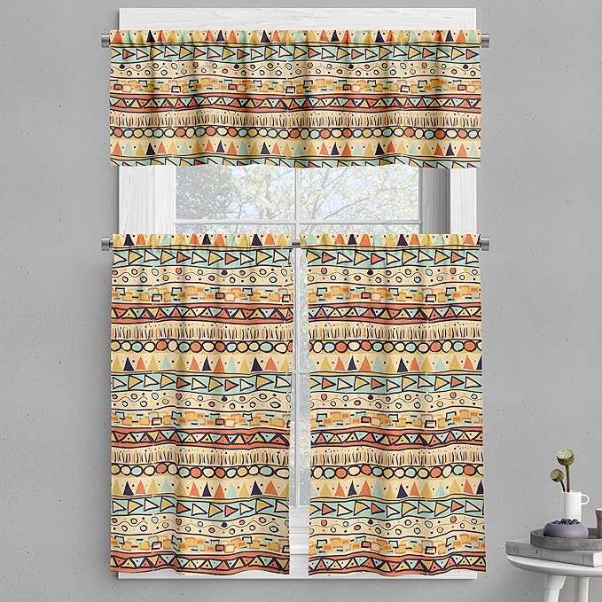 Ambesonne Prehistoric Valance & Tier Curtain 3 pcs Set, Mexican Style Doodles with Triangles Circles Folkloric Geometric Tribal, Window Treatments for Kitchen Room Decor, 55" x 36", Pastel Yellow