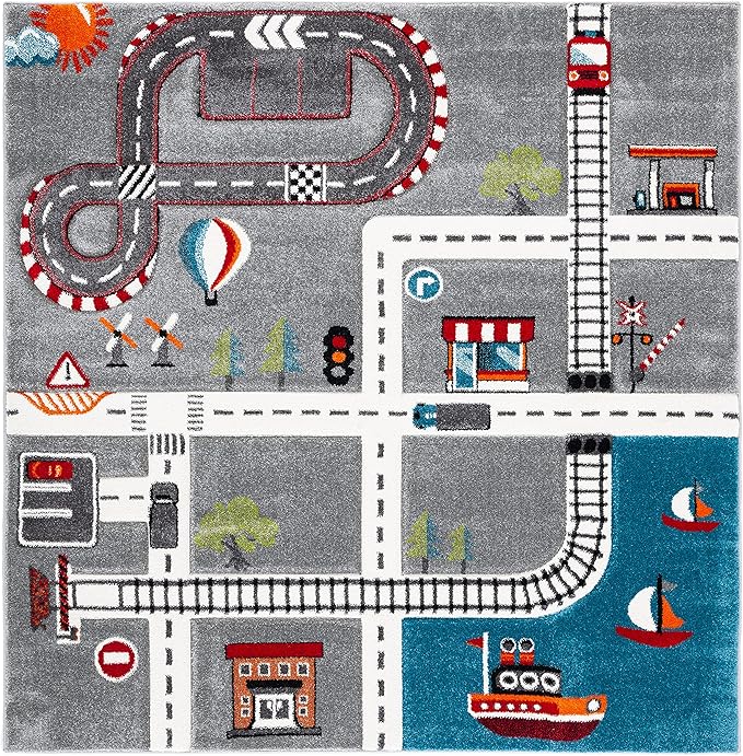 SAFAVIEH Carousel Kids Collection 6'7" Square Grey/Ivory CRK192F Neighborhood Road Non-Shedding Playroom Nursery Bedroom Area Rug