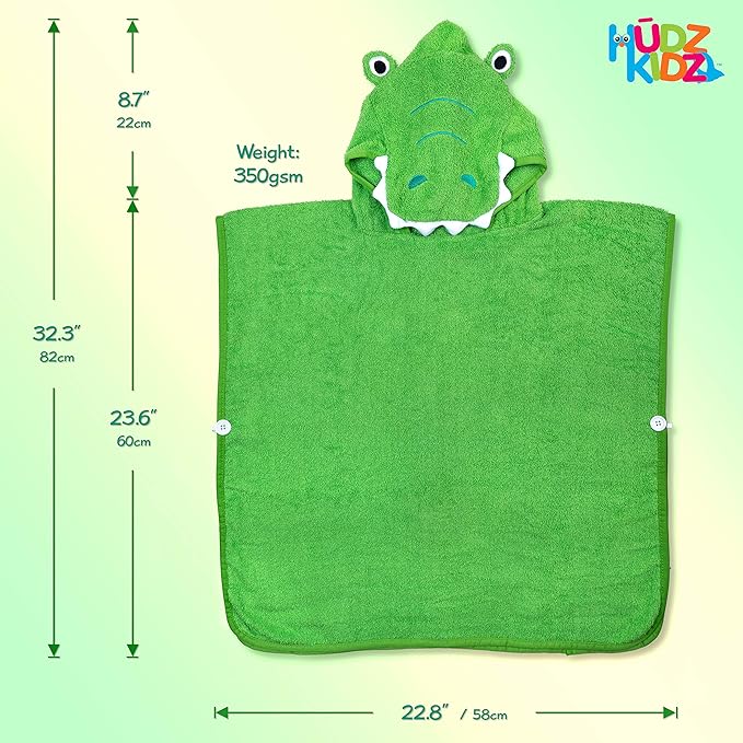 Premium Hooded Towel Poncho for Kids & Toddlers, Soft 100% Cotton, Ideal at Bath, Beach, Pool (Green Croc)