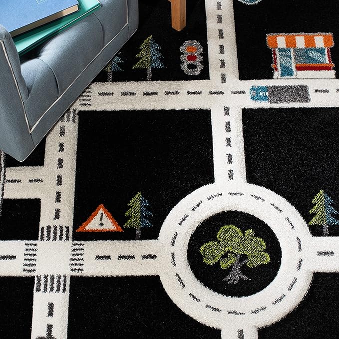 Safavieh Carousel Kids Collection 5'3" Square Black/Ivory CRK192Z Neighborhood Non-Shedding Nursery Playroom Area Rug