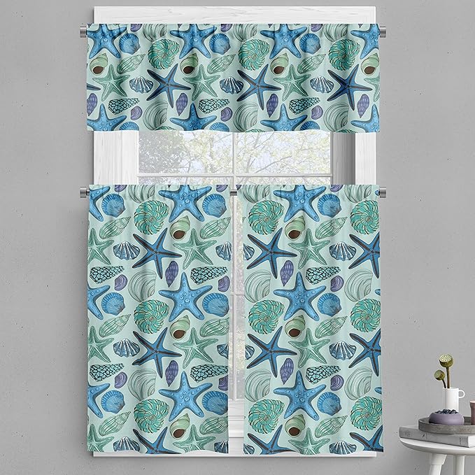 Ambesonne Starfish Valance & Tier Curtain 3 pcs Set, Aquarium Inspired Composition Tropical Seashells and Scallops Cockles and Clams, Window Treatments for Kitchen Room Decor, 55" x 45", Blue Seafoam