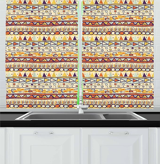 Ambesonne Prehistoric Kitchen Curtains, Mexican Style Doodles with Triangles Circles Folkloric Geometric Tribal, Window Drapes 2 Panel Set for Kitchen Cafe Decor, 55" x 30", Pastel Yellow