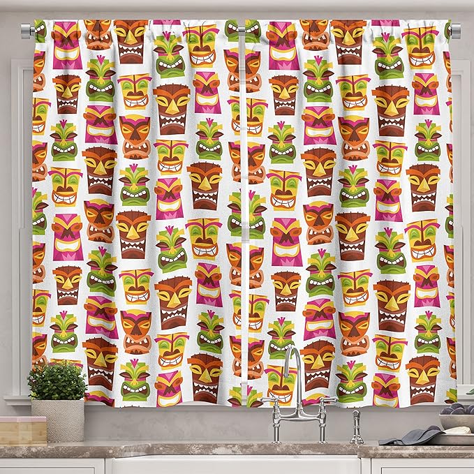 Ambesonne Tiki Bar Kitchen Curtains, Sixties Retro Inspired Hawaiian Party Happy Tiki Pattern Colorful, Window Drapes 2 Panel Set for Kitchen Cafe Decor, 55" x 39", White Brown