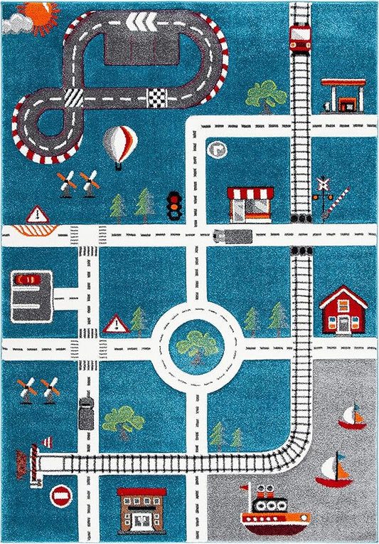 SAFAVIEH Carousel Kids Collection Accent Rug - 2' x 3', Turquoise & Ivory, Non-Shedding & Easy Care, Ideal for High Traffic Areas for Boys & Girls in Playroom, Nursery, Bedroom (CRK192K)