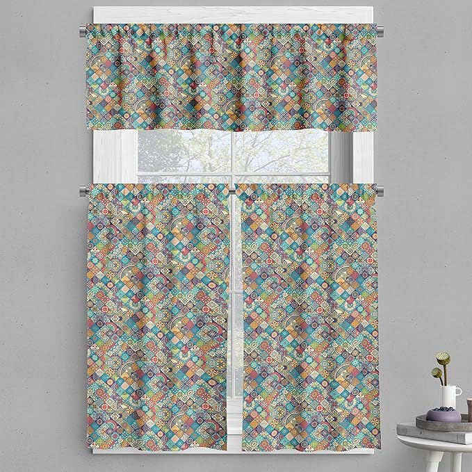 Ambesonne Bohemian Valance & Tier Curtain 3 pcs Set, Geometric Pattern Ornamental Floral Folk Art Abstract, Window Treatments for Kitchen Room Decor, 55" x 30", Blue Cream