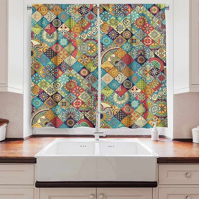 Ambesonne Bohemian Kitchen Curtains, Geometric Pattern with Ornamental Floral Folk Art Abstract, Window Drapes 2 Panel Set for Kitchen Cafe Decor, 55" x 39", Blue Cream