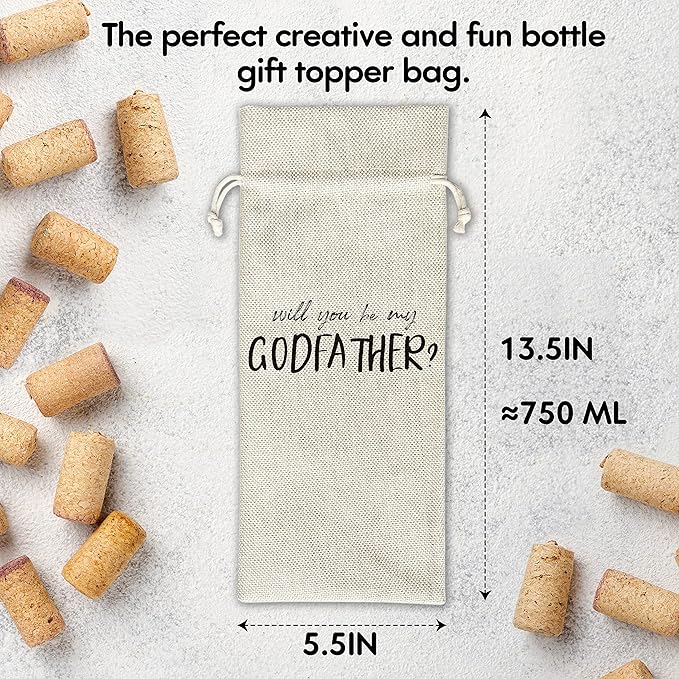 Godfather Wine Gift Bags - Gift for Godfather, Uncle, Godparent, Baptism - Reusable Burlap With Drawstring Gift Bag (5.5"x 13.5")-1 Pcs/jiu066