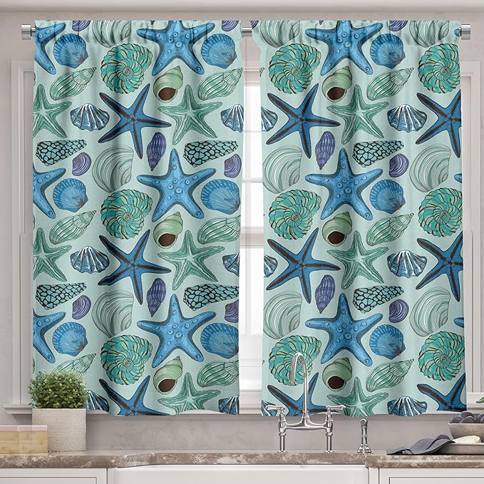 Ambesonne Starfish Valance & Tier Curtain 3 pcs Set, Aquarium Inspired Composition Tropical Seashells and Scallops Cockles and Clams, Window Treatments for Kitchen Room Decor, 55" x 36", Blue Seafoam