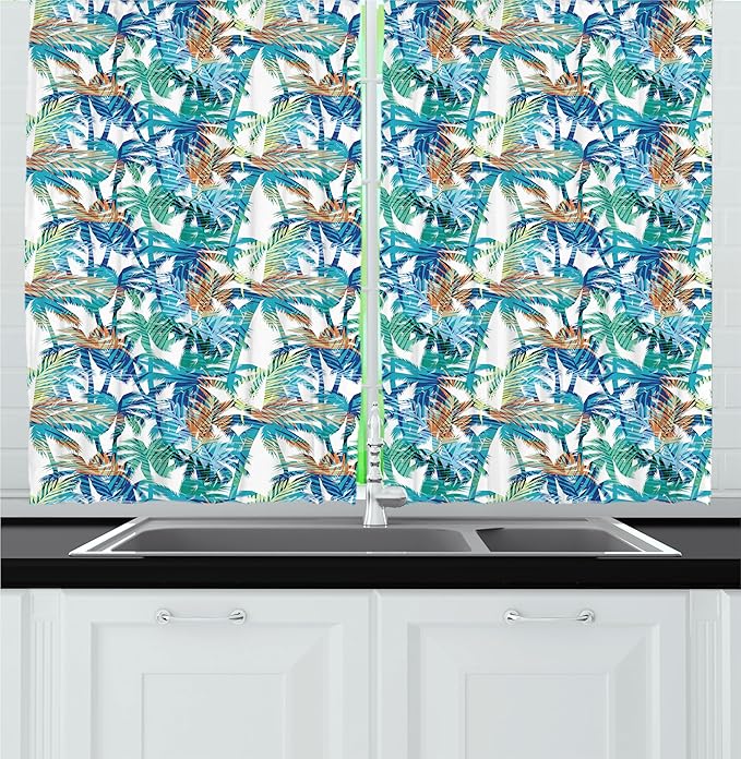 Ambesonne Palm Leaf Kitchen Curtains, Tropical Summer Print with Palm Abstract Nature Pattern Fantasy Dream, Window Drapes 2 Panel Set for Kitchen Cafe Decor, 55" x 24", Blue Mint Green Orange