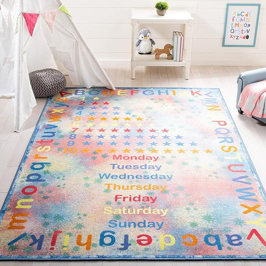 SAFAVIEH Kids Playhouse Collection Machine Washable Slip Resistant 7'9" x 10', Blue/Orange KPH251M Alphabet Educational Playroom Nursery Bedroom Area Rug
