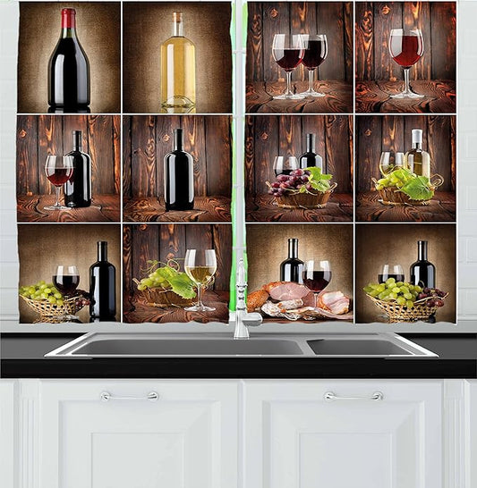 Ambesonne Wine Kitchen Curtains, Wine Themed Collage on Wooden Backdrop with Grapes and Meat Rustic Country Drink, Window Drapes 2 Panel Set for Kitchen Cafe Decor, 55" x 24", Brown Black