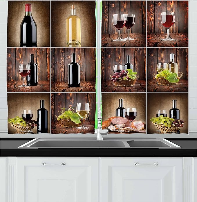 Ambesonne Wine Kitchen Curtains, Wine Themed Collage on Wooden Backdrop with Grapes and Meat Rustic Country Drink, Window Drapes 2 Panel Set for Kitchen Cafe Decor, 55" x 30", Brown Black