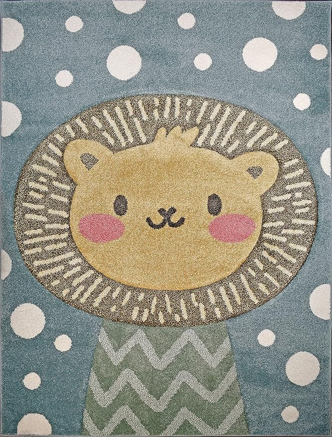 KC Cubs Boy & Girl Modern Decor Multicolor Area Rug and Carpet Collection for Kids, Toddlers and Baby Nursery, Animal Faces Blue Lion